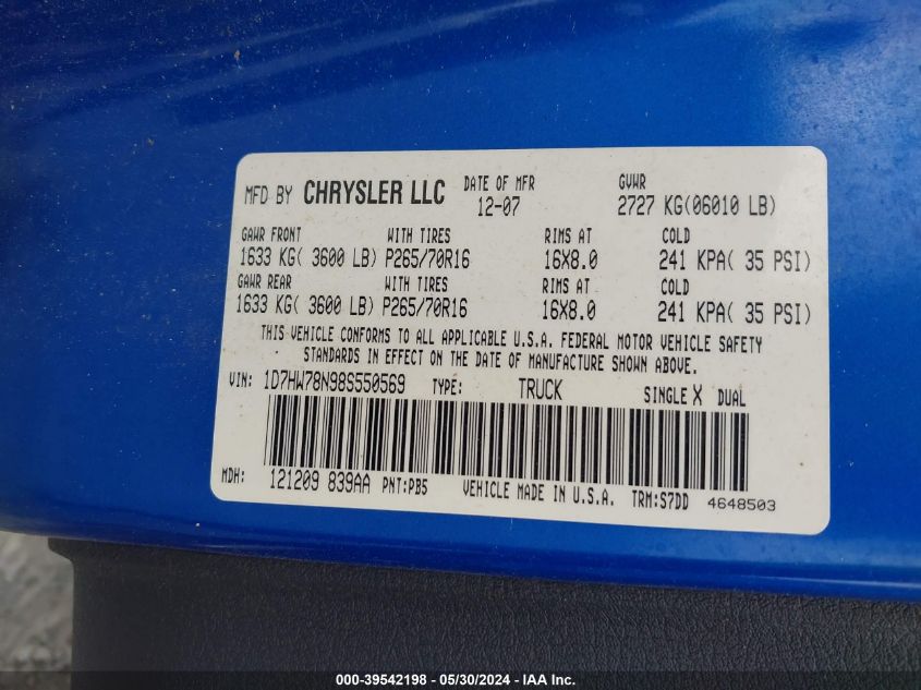 2008 Dodge Dakota Trx VIN: 1D7HW78N98S550569 Lot: 39542198