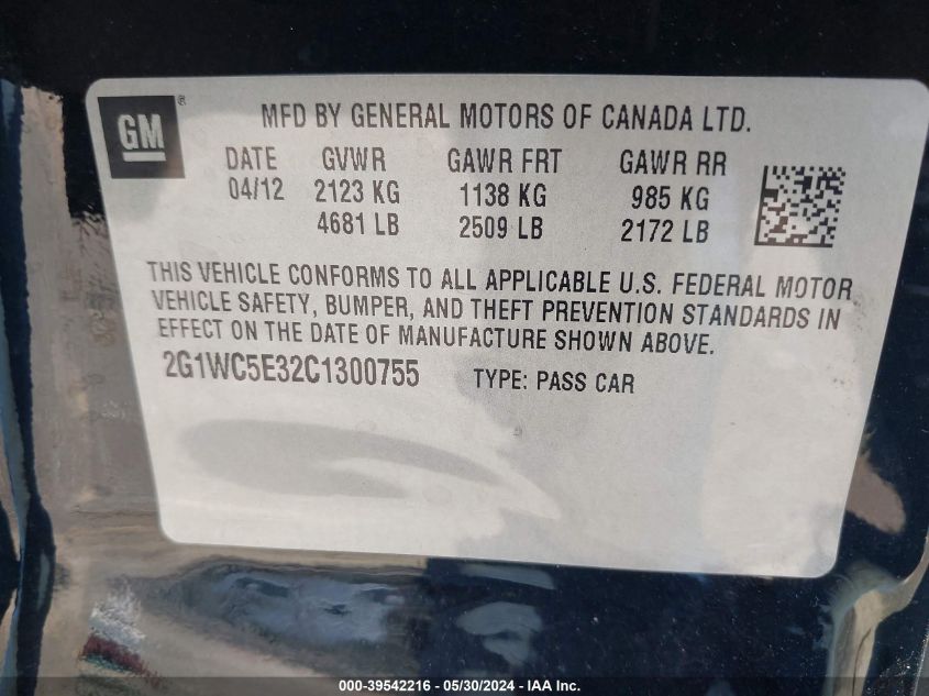 2012 Chevrolet Impala Ltz VIN: 2G1WC5E32C1300755 Lot: 39542216