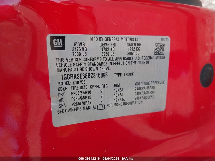 2011 Chevrolet Silverado 1500 Lt VIN: 1GCRKSE38BZ316096 Lot: 39542219