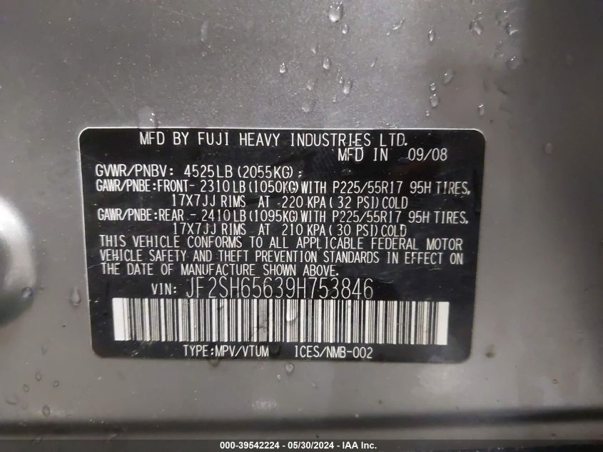 2009 Subaru Forester 2.5Xt VIN: JF2SH65639H753846 Lot: 39542224