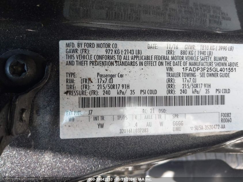 2016 Ford Focus Se VIN: 1FADP3F25GL401551 Lot: 39542233