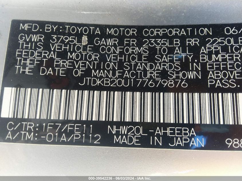 2007 Toyota Prius VIN: JTDKB20U177679876 Lot: 39542236