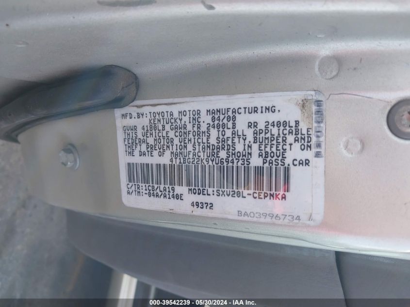 2000 Toyota Camry Le VIN: 4T1BG22K9YU694735 Lot: 39542239