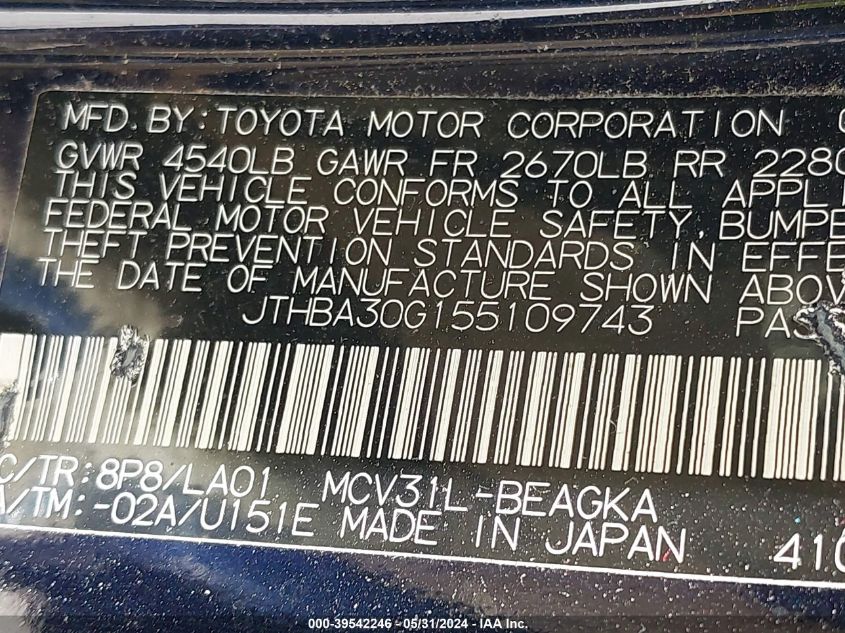 2005 Lexus Es 330 VIN: JTHBA30G155109743 Lot: 39542246