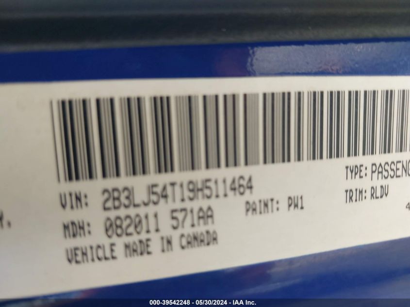 2009 Dodge Challenger R/T VIN: 2B3LJ54T19H511464 Lot: 39542248