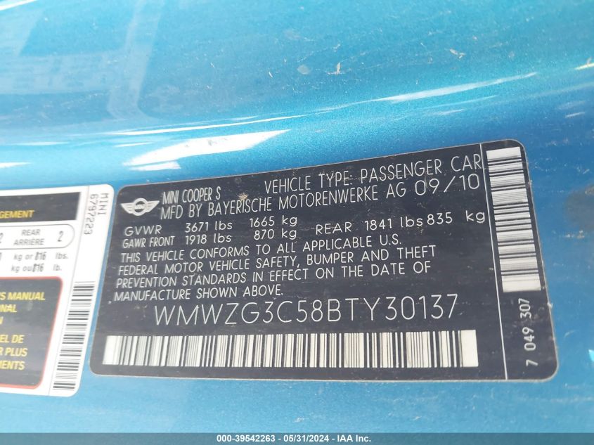 2011 Mini Cooper S Clubman VIN: WMWZG3C58BTY30137 Lot: 39542263