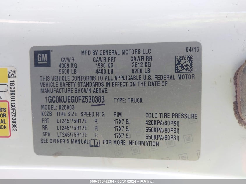 2015 Chevrolet Silverado 2500Hd Wt VIN: 1GC0KUEG0FZ530383 Lot: 39542264