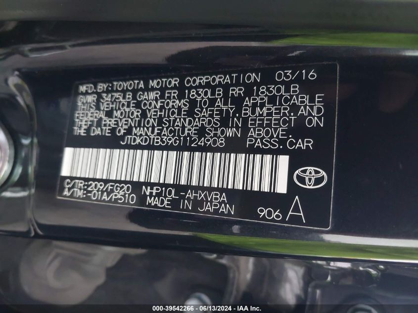 2016 Toyota Prius C Two VIN: JTDKDTB39G1124908 Lot: 39542266