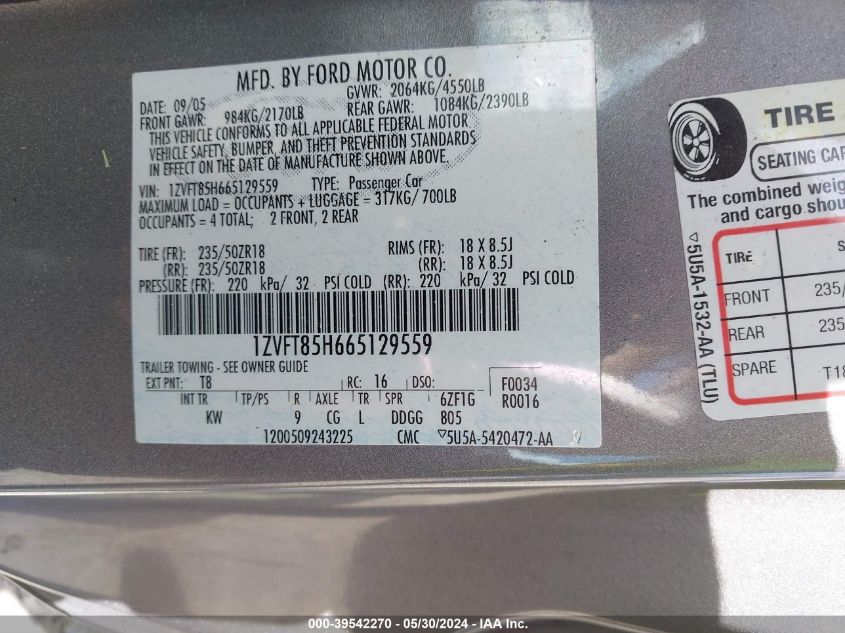 2006 Ford Mustang Gt VIN: 1ZVFT85H665129559 Lot: 39542270