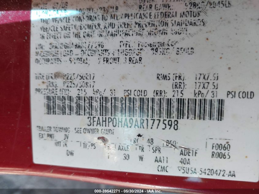 2010 Ford Fusion Se VIN: 3FAHP0HA9AR177598 Lot: 39542271