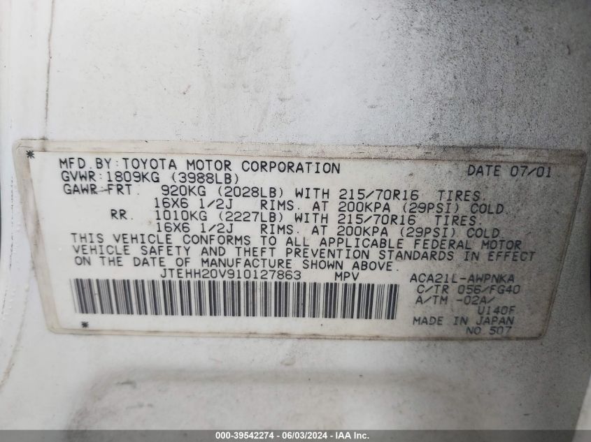 2001 Toyota Rav4 VIN: JTEHH20V91012763 Lot: 39542274