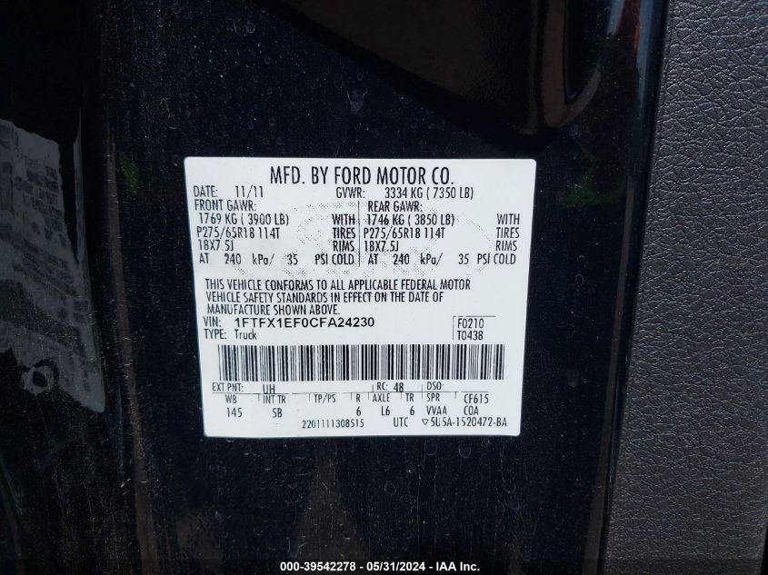 2012 Ford F-150 Fx4 VIN: 1FTFX1EF0CFA24230 Lot: 39542278