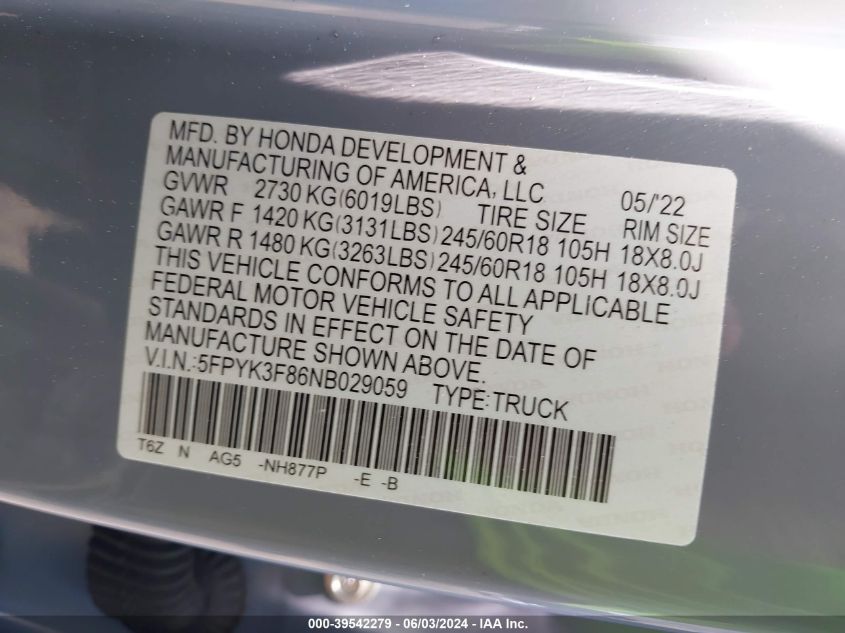 2022 Honda Ridgeline Black Edition VIN: 5FPYK3F86NB029059 Lot: 39542279