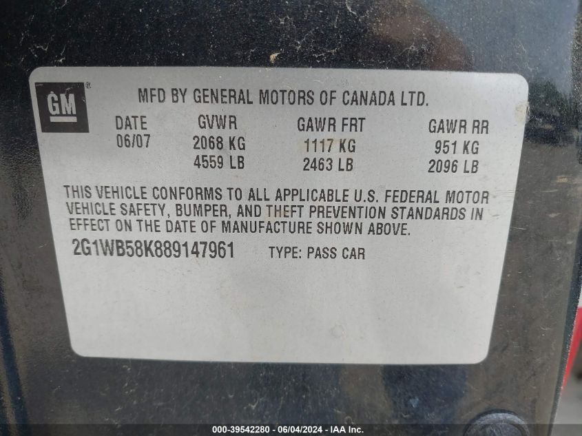 2008 Chevrolet Impala Ls VIN: 2G1WB58K889147961 Lot: 39542280