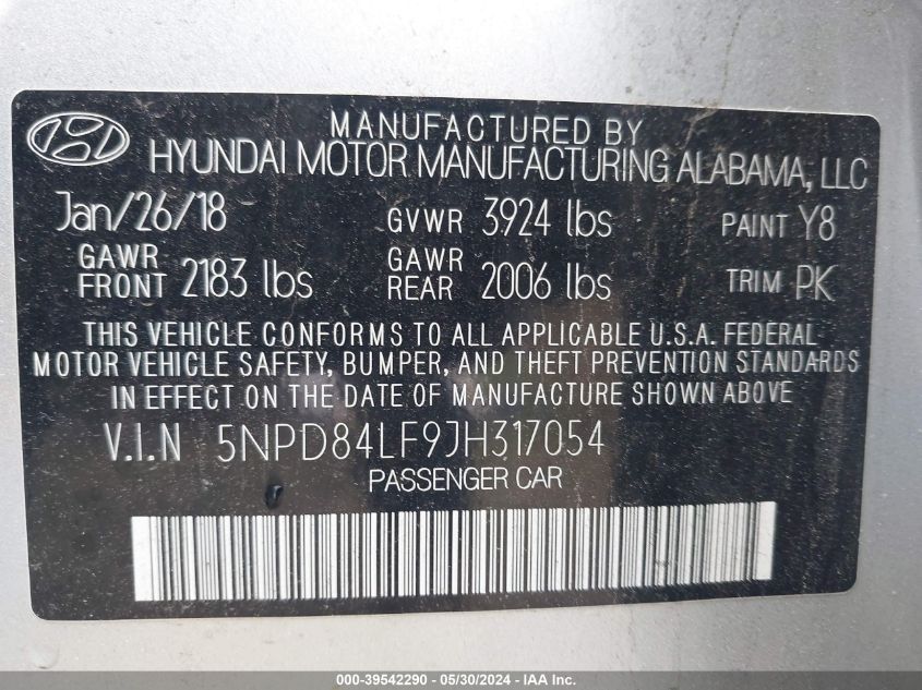 VIN 5NPD84LF9JH317054 2018 Hyundai Elantra, Sel no.9