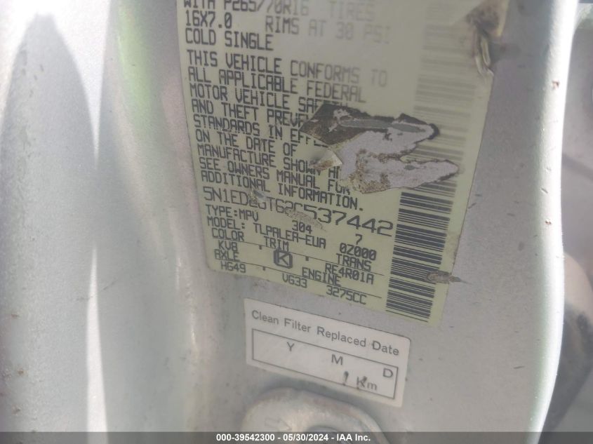 2002 Nissan Xterra Xe VIN: 5N1ED28T62C537442 Lot: 39542300