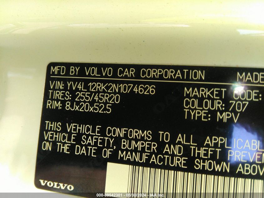 2022 Volvo Xc60 B5 Momentum VIN: YV4L12RK2N1074626 Lot: 39542301