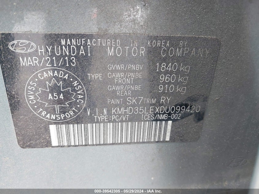 2013 Hyundai Elantra Gt Gls VIN: KMHD35LEXDU099420 Lot: 39542305