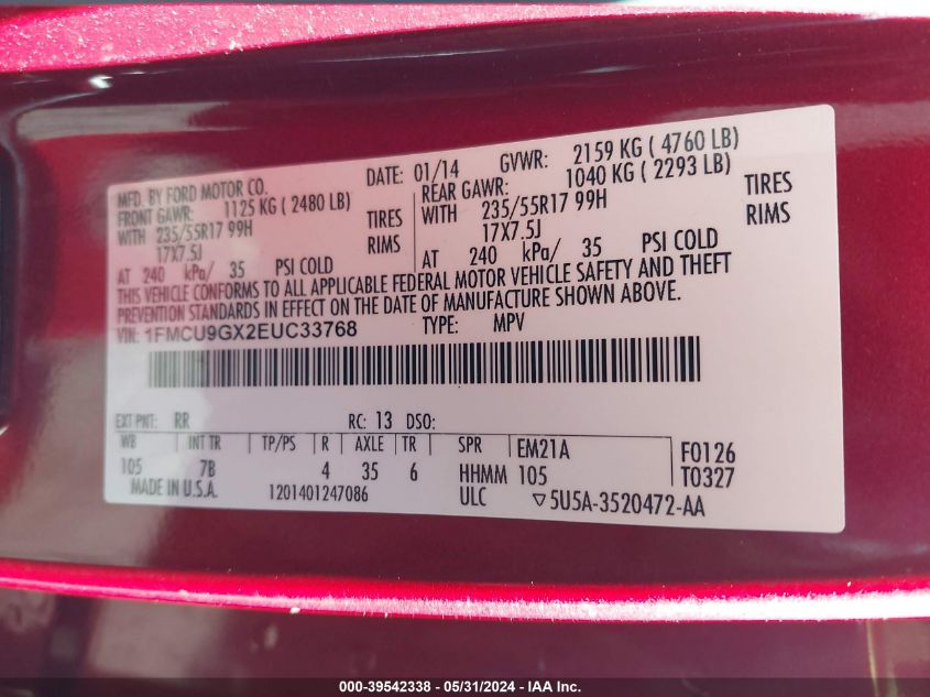 2014 Ford Escape Se VIN: 1FMCU9GX2EUC33768 Lot: 39542338