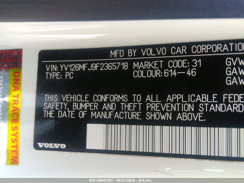 2015 Volvo S60 T5 VIN: YV126MFJ9F2365718 Lot: 39542357