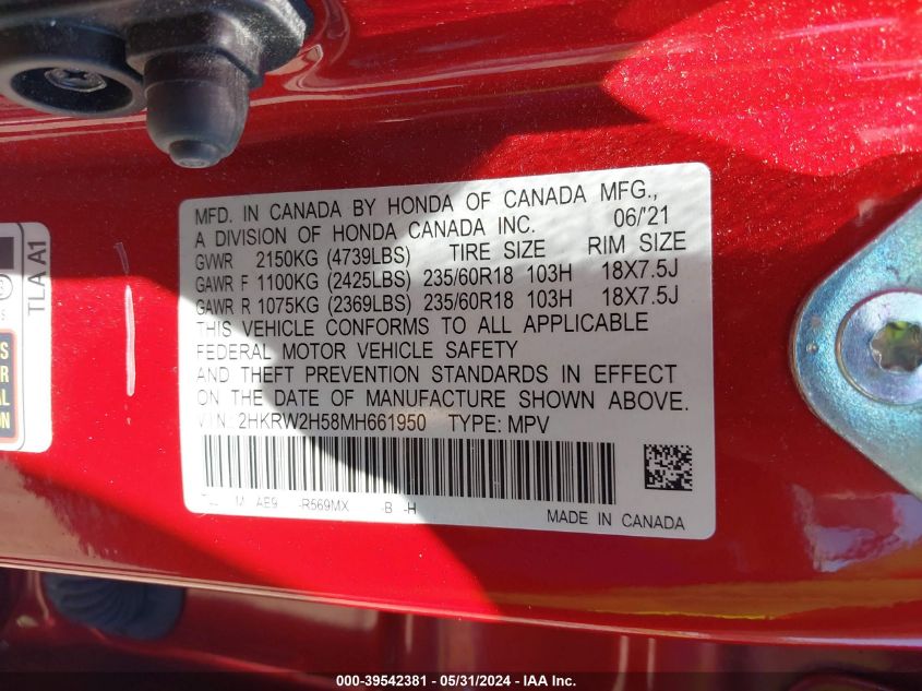 2021 Honda Cr-V Awd Ex VIN: 2HKRW2H58MH661950 Lot: 39542381