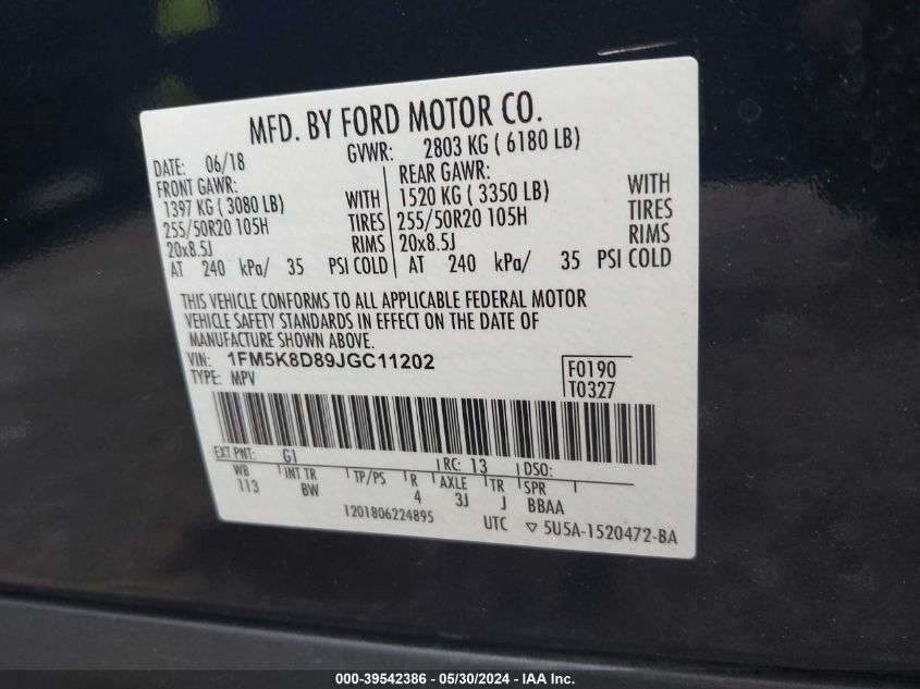 2018 Ford Explorer Xlt VIN: 1FM5K8D89JGC11202 Lot: 39542386