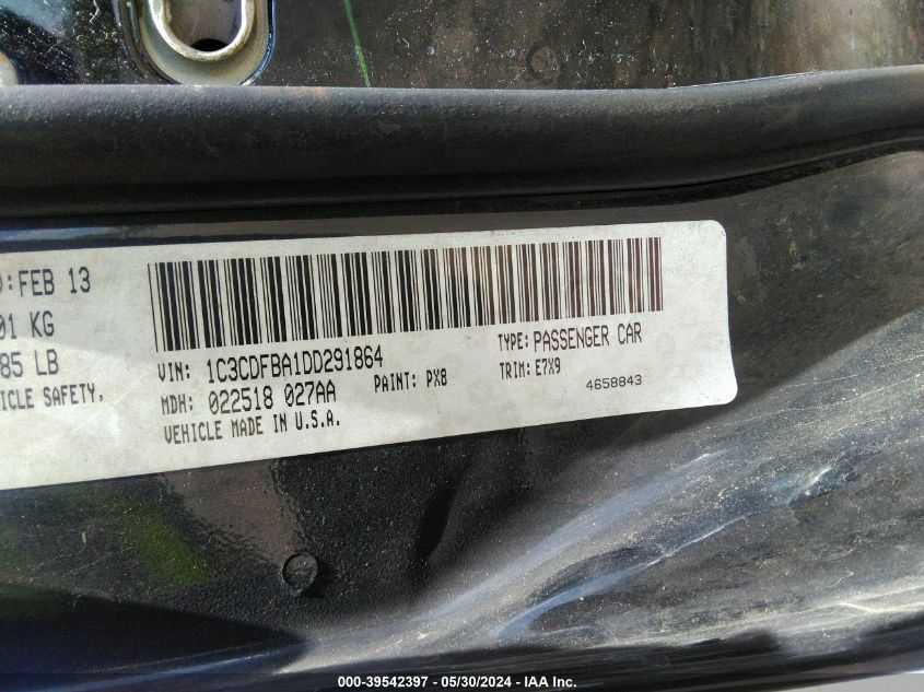 2013 Dodge Dart Sxt VIN: 1C3CDFBA1DD291864 Lot: 39542397