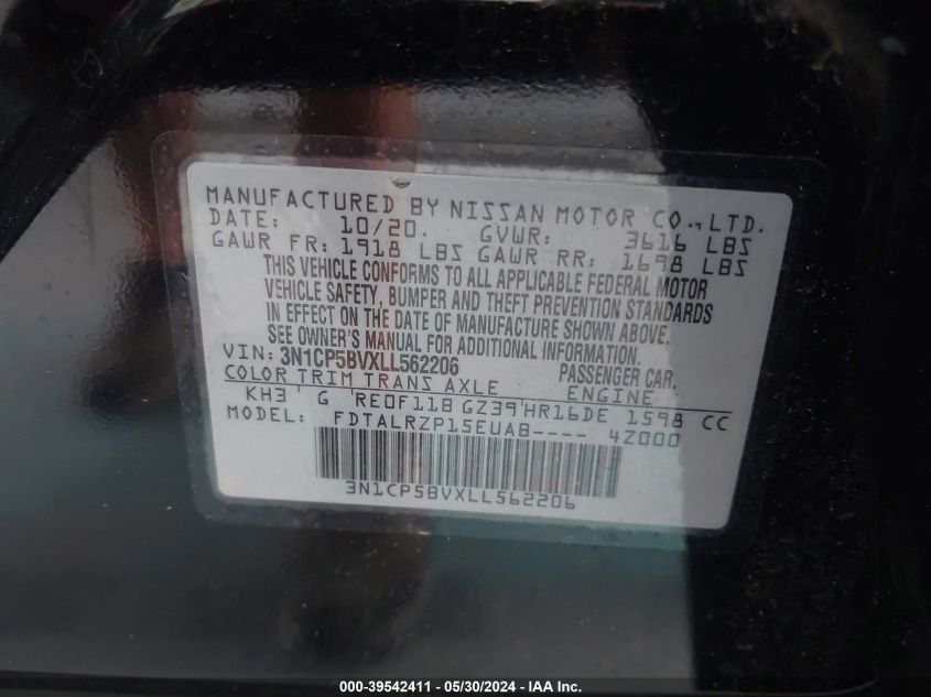 2020 Nissan Kicks S Xtronic Cvt VIN: 3N1CP5BVXLL562206 Lot: 39542411