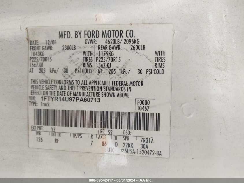 2007 Ford Ranger Sport/Stx/Xl/Xlt VIN: 1FTYR14U97PA60713 Lot: 39542417