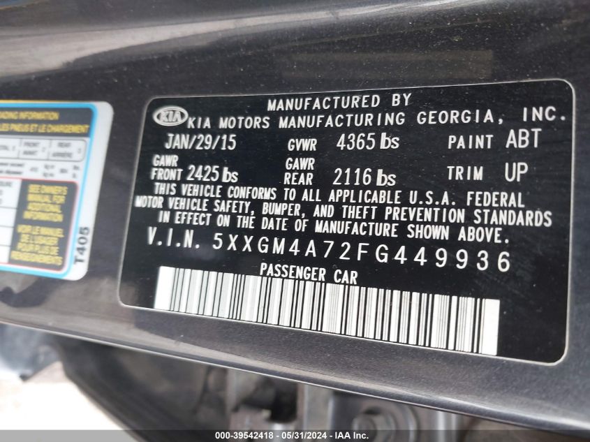 2015 Kia Optima Lx VIN: 5XXGM4A72FG449936 Lot: 39542418
