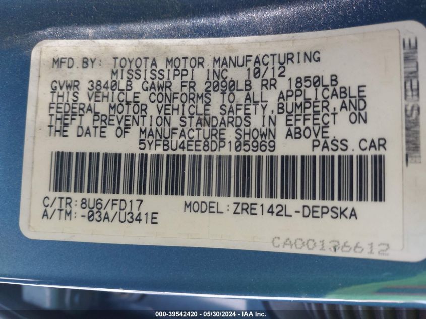 2013 Toyota Corolla S VIN: 5YFBU4EE8DP105969 Lot: 39542420