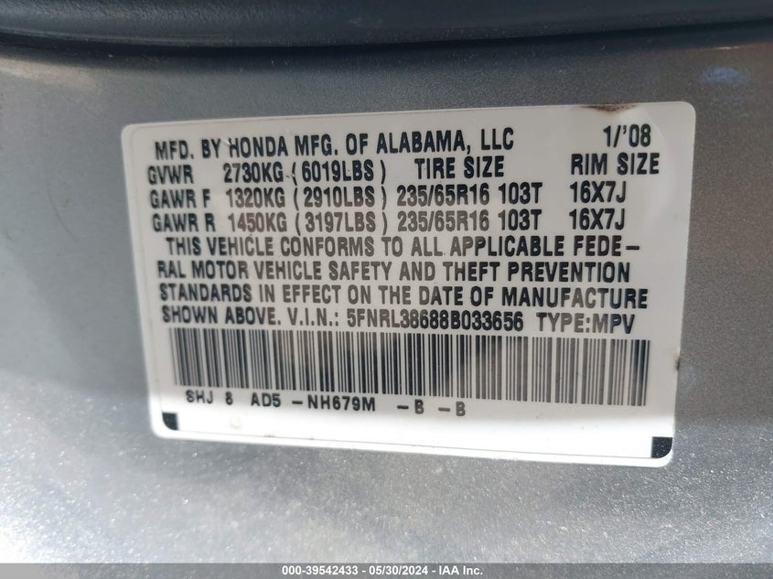 2008 Honda Odyssey Ex-L VIN: 5FNRL38688B033656 Lot: 39542433