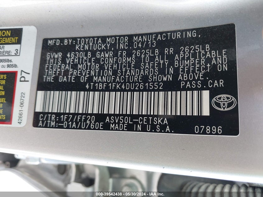 2013 Toyota Camry Se VIN: 4T1BF1FK4DU261552 Lot: 39542438