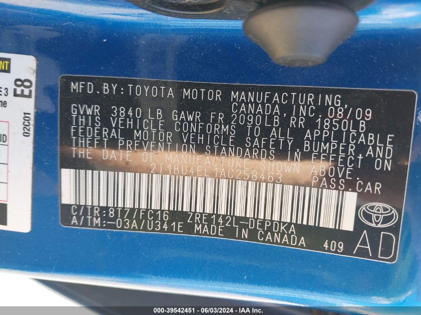 2010 Toyota Corolla Le VIN: 2T1BU4EE1AC258463 Lot: 39542451