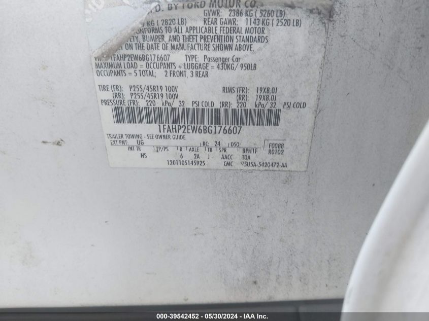 2011 Ford Taurus Sel VIN: 1FAHP2EW6BG176607 Lot: 39542452