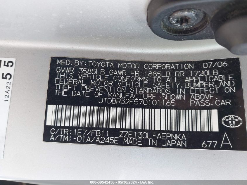 2007 Toyota Corolla Le VIN: JTDBR32E570101165 Lot: 39542456