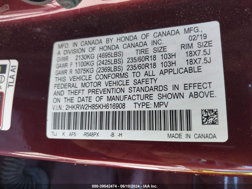 2019 Honda Cr-V Ex-L VIN: 2HKRW2H85KH616908 Lot: 39542474