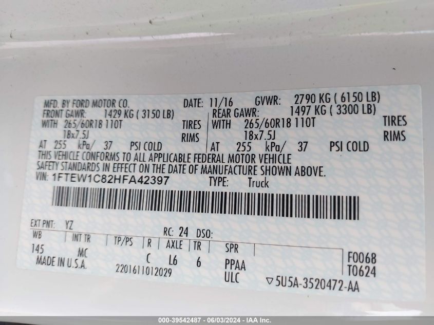 2017 Ford F-150 Xlt VIN: 1FTEW1C82HFA42397 Lot: 39542487