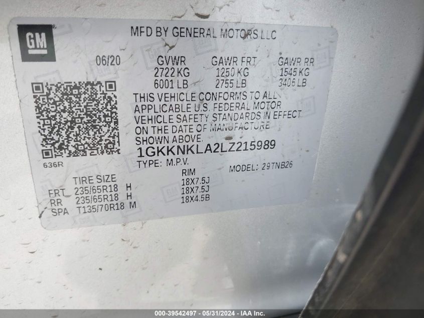 2020 GMC Acadia Fwd Sle VIN: 1GKKNKLA2LZ215989 Lot: 39542497