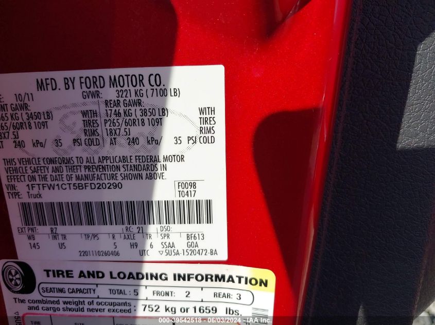 2011 Ford F-150 Xlt VIN: 1FTFW1CT5BFD20290 Lot: 39542518