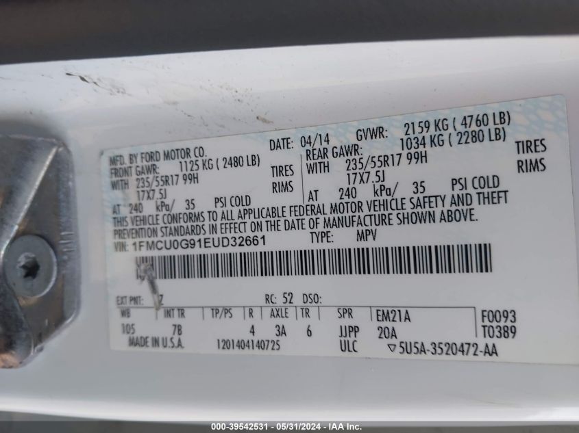 2014 Ford Escape Se VIN: 1FMCU0G91EUD32661 Lot: 39542531