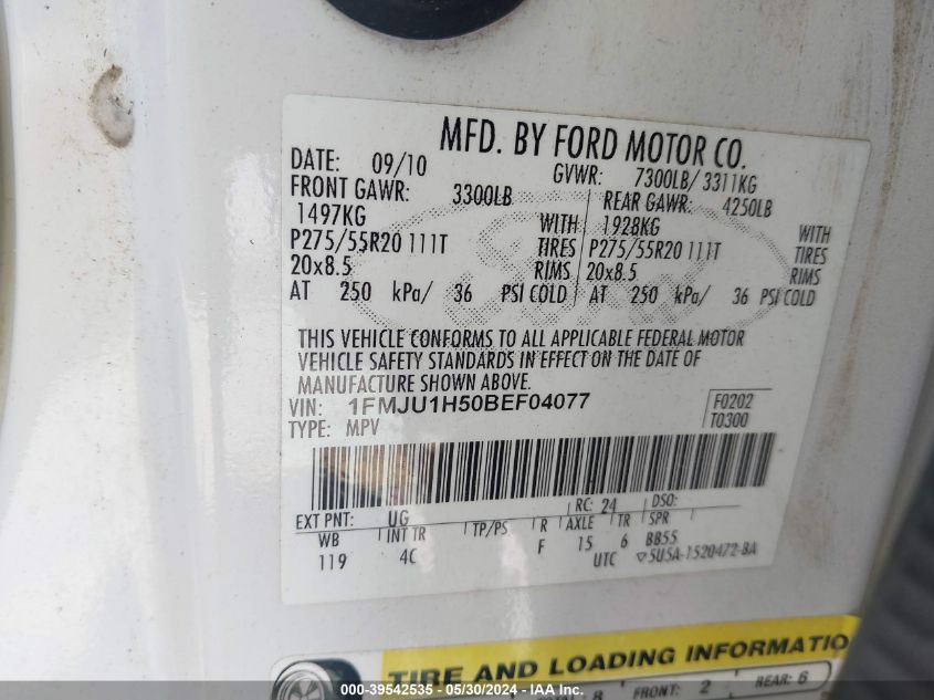2011 Ford Expedition Xlt VIN: 1FMJU1H50BEF04077 Lot: 39542535
