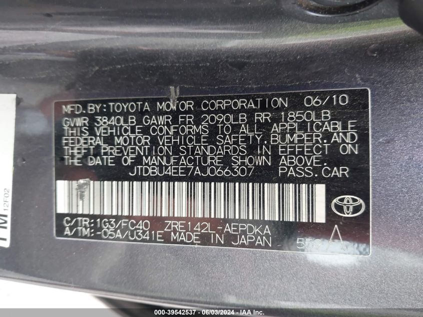 2010 Toyota Corolla Le VIN: JTDBU4EE7AJ066307 Lot: 39542537