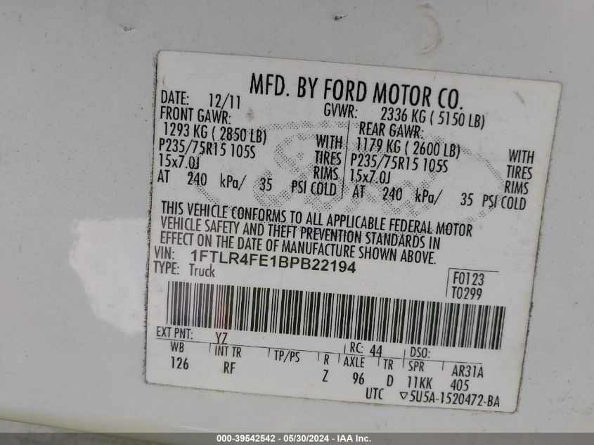 2011 Ford Ranger Xlt VIN: 1FTLR4FE1BPB22194 Lot: 39542542