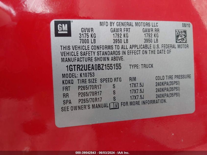 2011 GMC Sierra K1500 Sl VIN: 1GTR2UEA0BZ155155 Lot: 39542543