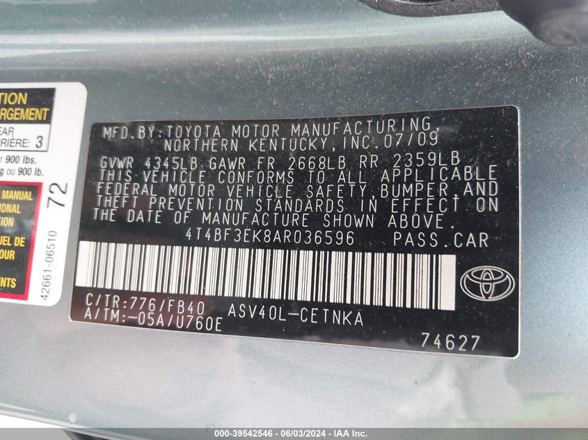 2010 Toyota Camry Le VIN: 4T4BF3EK8AR036596 Lot: 39542546