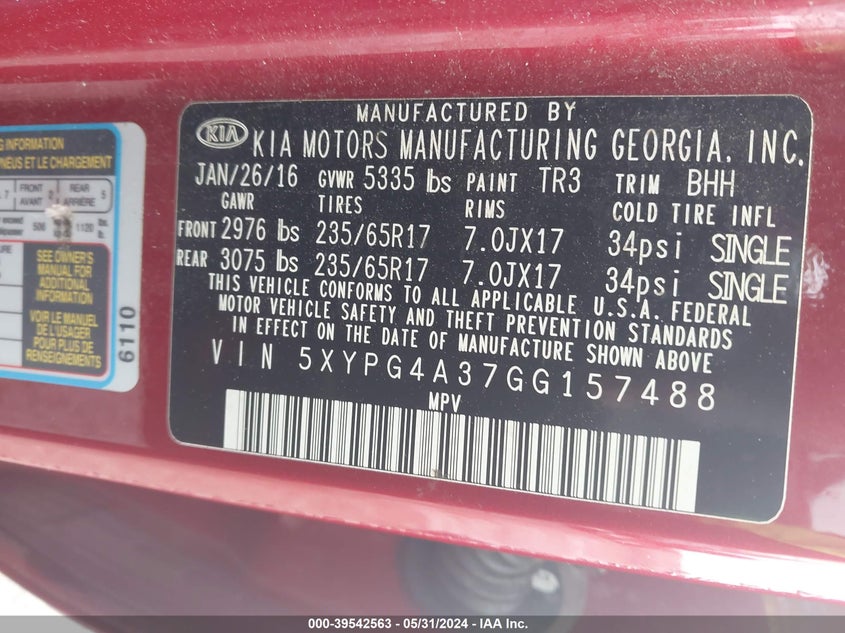 2016 Kia Sorento 2.4L Lx VIN: 5XYPG4A37GG157488 Lot: 39542563