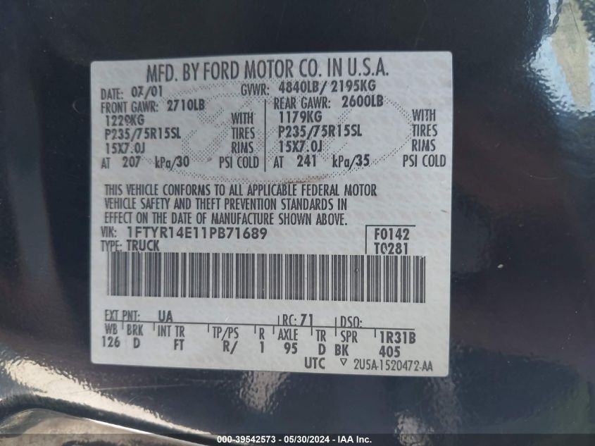 2001 Ford Ranger Edge/Xlt VIN: 1FTYR14E11PB71689 Lot: 39542573