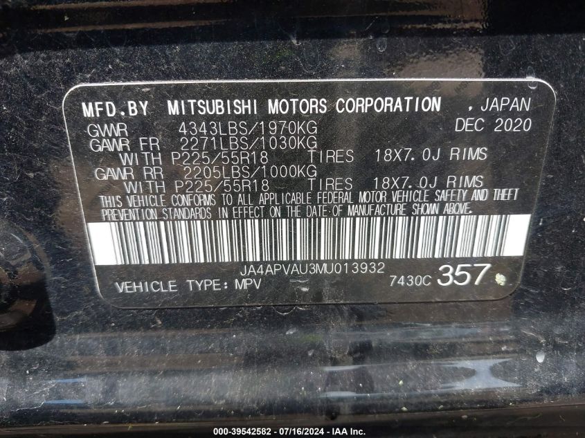 2021 Mitsubishi Outlander Sport 2.0 Se 2Wd VIN: JA4APVAU3MU013932 Lot: 39542582