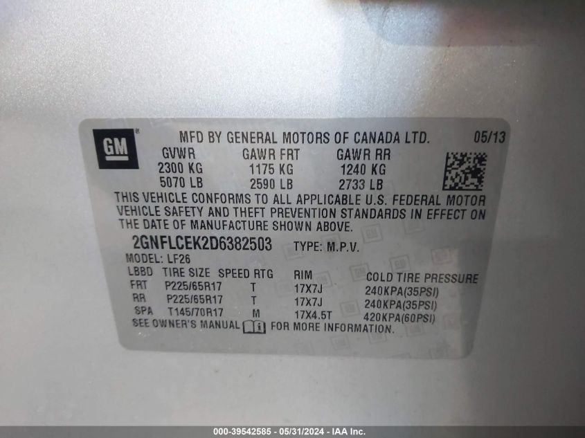 2013 Chevrolet Equinox Ls VIN: 2GNFLCEK2D6382503 Lot: 39542585